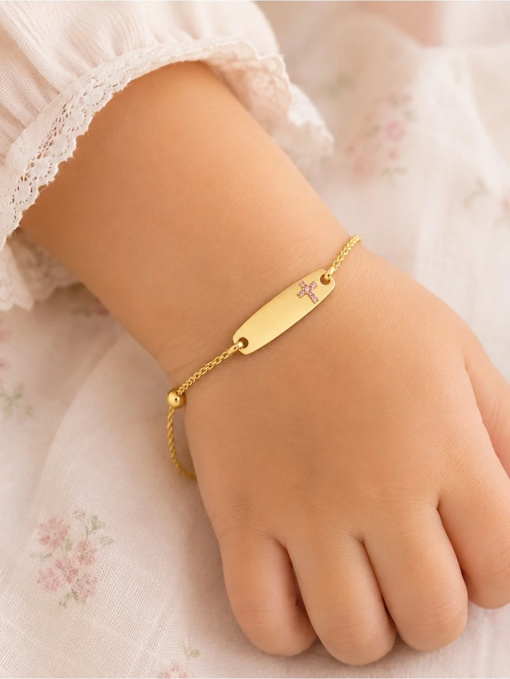 New Rea14K YELLOW GOLD Adjustable Baby Girls CROSS ID Bracelet 4.5